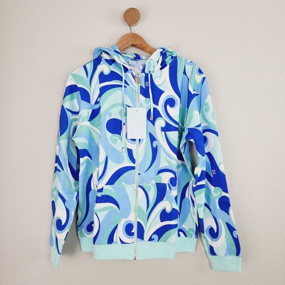 NEW Hill House Allie Zip-Up Lightweight Hooded Jacket in Blue Ocean Kaleidoscope - Picture 1 of 9